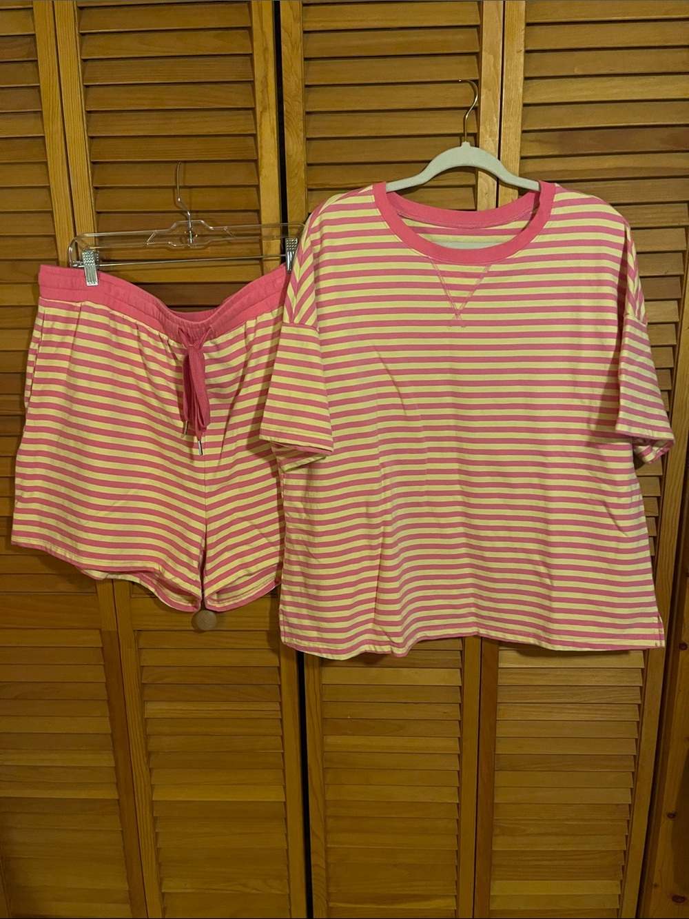 Women’s Pink & Yellow Striped Set - Cozy Short Sleeve Top & Shorts
